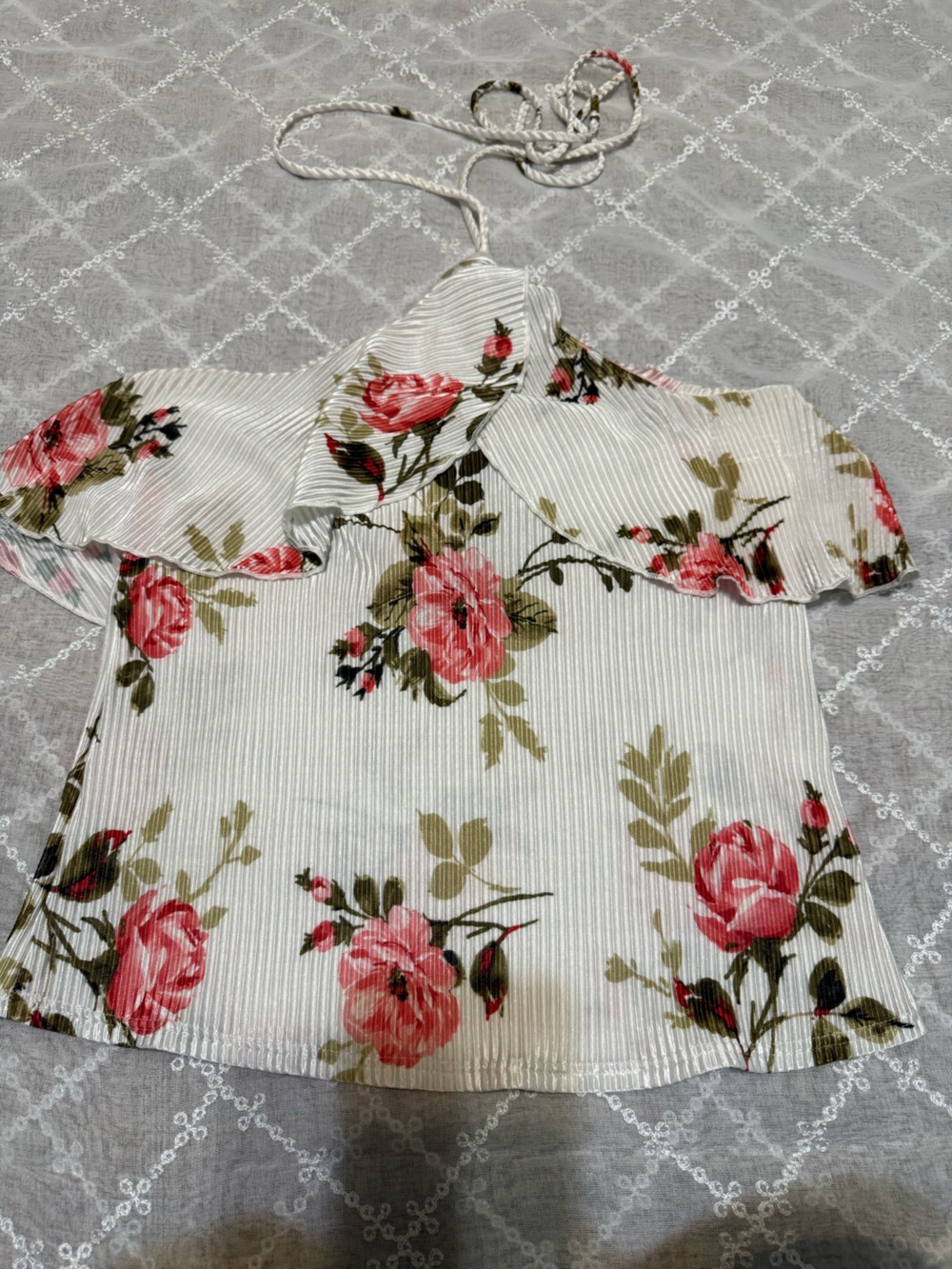 Floral Ruffle Sleeve Women's Top - White with Pink Roses